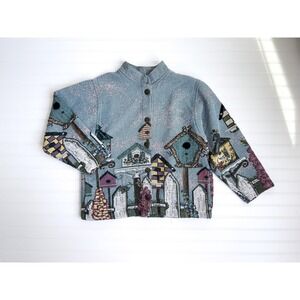 vtg Sugar Street Weavers bird birdhouse cottagecore woven tapestry‎ jacket coat